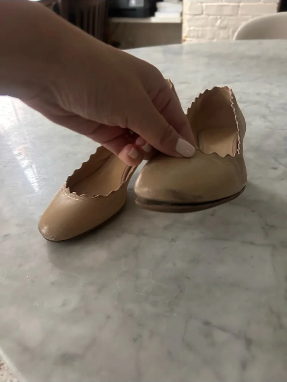 Chloe Scalloped Block Heel Pumps in Nude